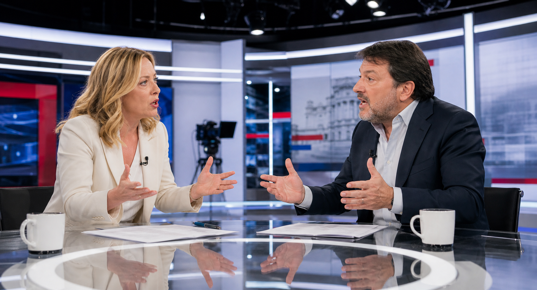 Una donna e un uomo discutono con intensità ma rispetto in uno studio televisivo moderno