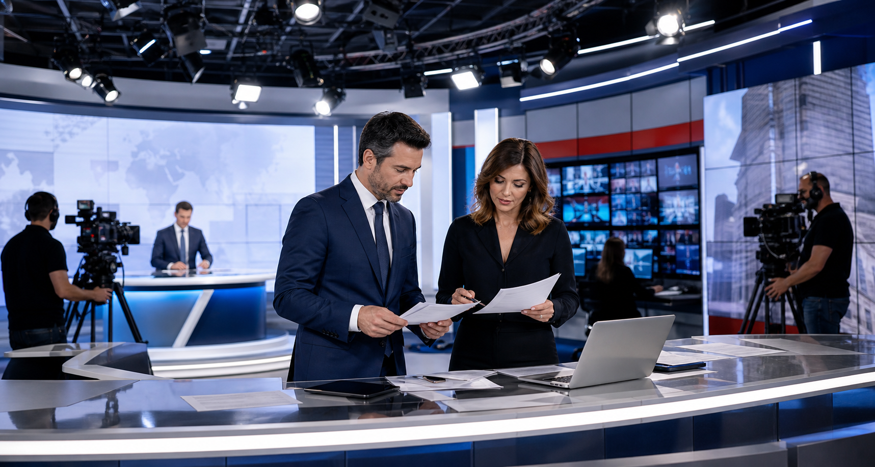 Presentatori e redattori al lavoro tra telecamere e monitor in uno studio TV